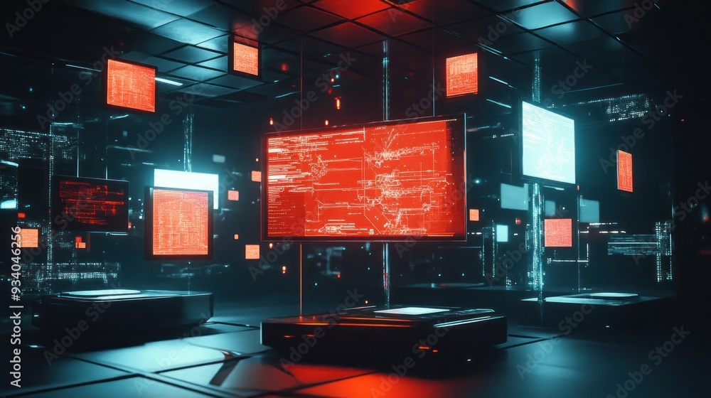 Poster Futuristic Server Room with Red and Blue Lights and Screens Displaying Code