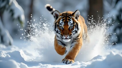 Obraz premium Tiger Racing Through Snow