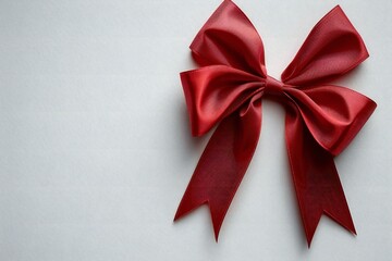 Close-up photo of a red gift bow elegantly placed on a plain white background.