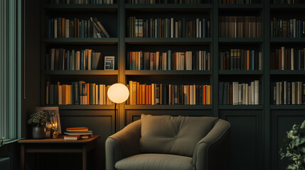  Cozy Reading Nook with Bookshelf and Armchair, Warmly Lit Interior Scene