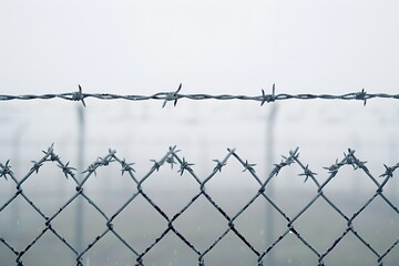 Barbed Wire Fence in a Misty Landscape