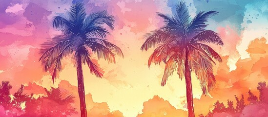 Obraz premium Palms against a summer sunset sky watercolor illustration