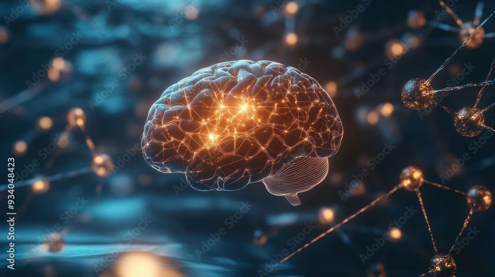 Poster Glowing Wireframe Brain with Connected Nodes