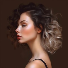 Fototapeta premium Profile of a young woman with curly hair against a dark background, showcasing elegant features and a soft expression
