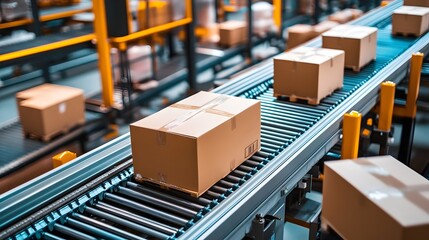 Obraz premium Automated Logistics Center with Packages and Parcels Being Efficiently Sorted on Conveyor Belts for Distribution and Supply Chain