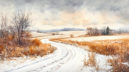 Obraz premium Snow covered road winding through fields and woodlands watercolor artwork