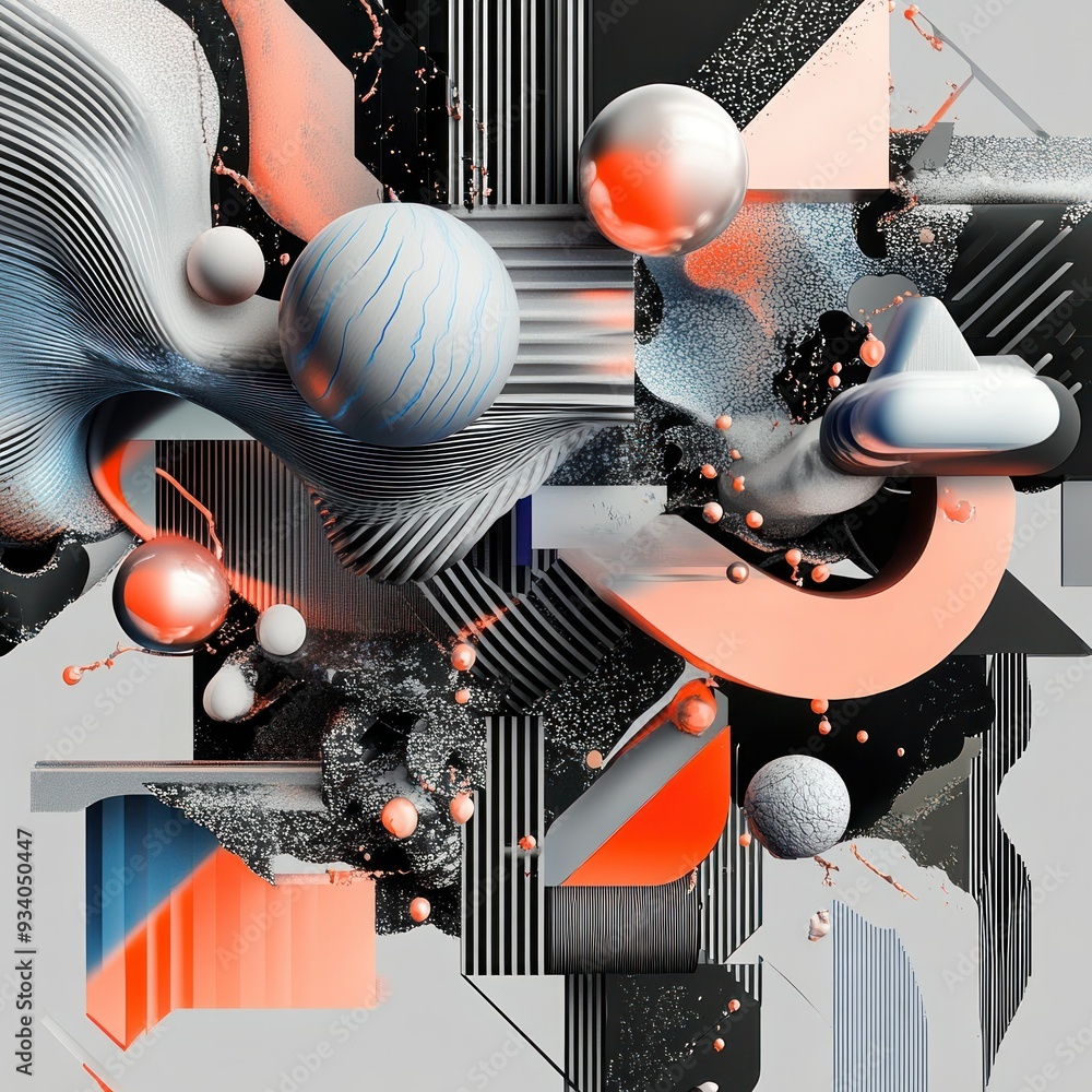 Poster abstract composition with geometric shapes and spheres