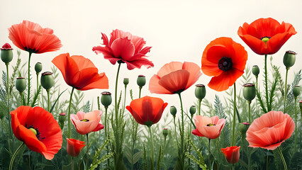 Obraz premium Poppy Flowers and Buds Against White Background - Vibrant Floral Display