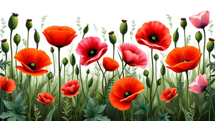 Fototapeta premium Poppy Flowers and Buds Against White Background - Vibrant Floral Display