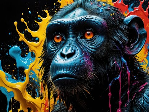 Colorful monkey head portrait with dynamic splashes of paint in a vibrant artistic style - Powered by Adobe