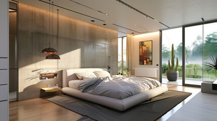 modern bedroom with a lot of space, luxury apartment ,