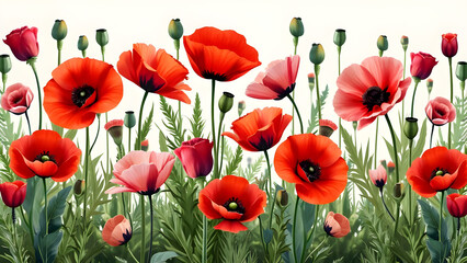 Fototapeta premium Poppy Flowers and Buds Against White Background - Vibrant Floral Display