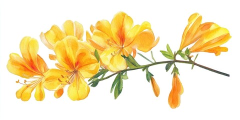 Obraz premium Vibrant yellow caesalpinia flowers Hand painted watercolor botanical illustration of isolated flowers on a white backdrop