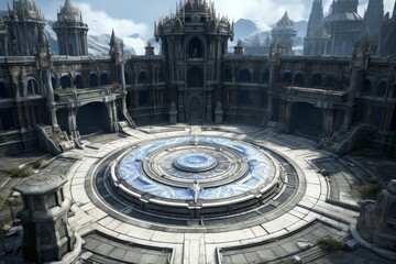 Obraz premium Fantasy Architecture: A Majestic Stone Castle Courtyard