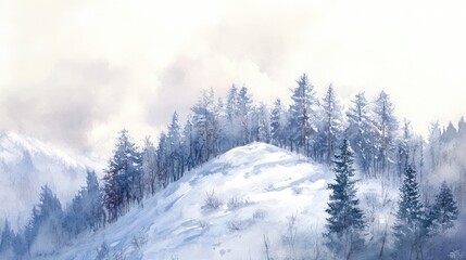 Watercolor depiction of a forest atop a snowy mountain