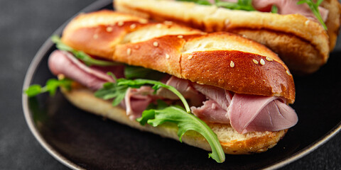 ham sandwich meat spam green leaves fresh meal food snack on the table copy space food background rustic top view