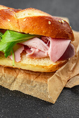 ham sandwich meat spam green leaves fresh meal food snack on the table copy space food background rustic top view