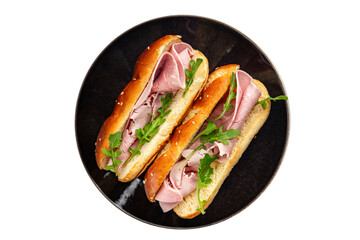 ham sandwich meat spam green leaves fresh meal food snack on the table copy space food background rustic top view
