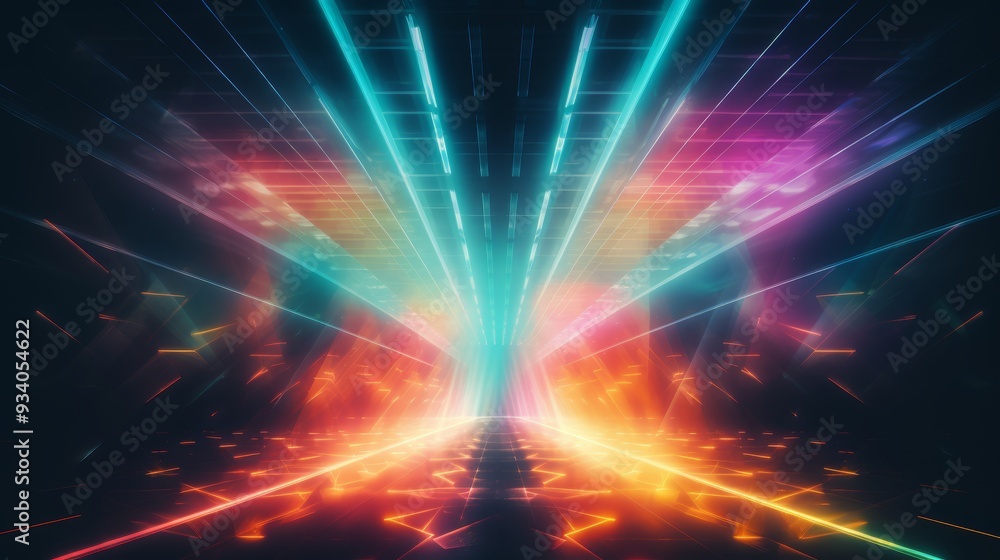 Poster dynamic concert stage with vivid multi colored light beams creating a vibrant atmosphere