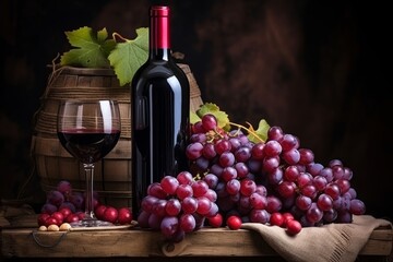 Fresh grapes and wine bottle on elegant background with space for personalized text