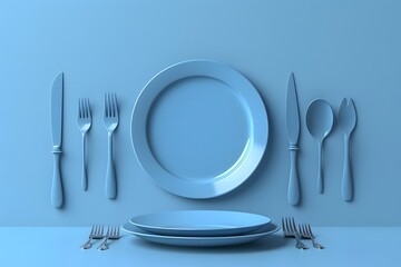 Elegant Blue Table Setting with Plates and Cutlery