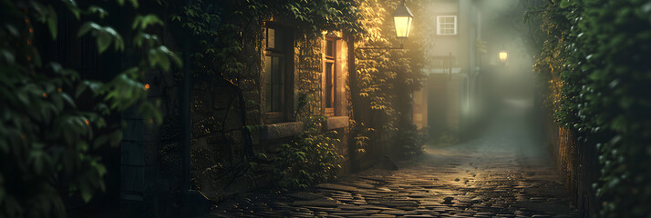 Nostalgic Glow: An Old-fashioned Streetlight Illuminating a Tranquil, Misty Cobblestone Street at Night
