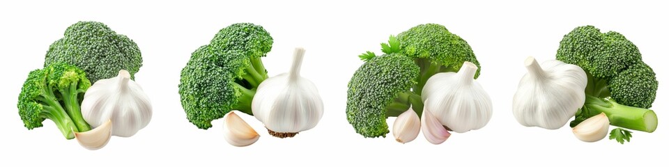 Fresh broccoli florets paired with whole garlic bulbs and cloves, isolated on a white background, showcasing a flavorful combination of green and white vegetables.