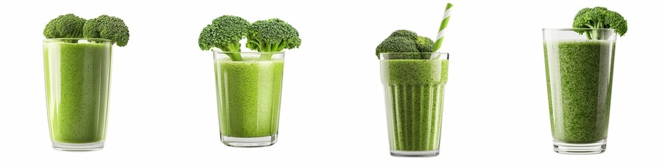 Four glasses filled with green broccoli smoothies, each garnished with fresh broccoli florets, showcasing a healthy drink option on a white background.