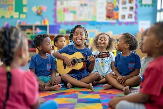 Group of young children sitting in a circle in a colorful preschool classroom, their teacher playing guitar and leading them in a song. Smiles on their faces as they learn to sing together
