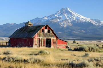 Scenic Red Barn with Snow-Capped Mountain Backdrop