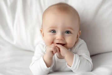 Smiling Baby On White Bedding