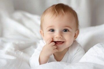 Smiling Baby on White Blanket