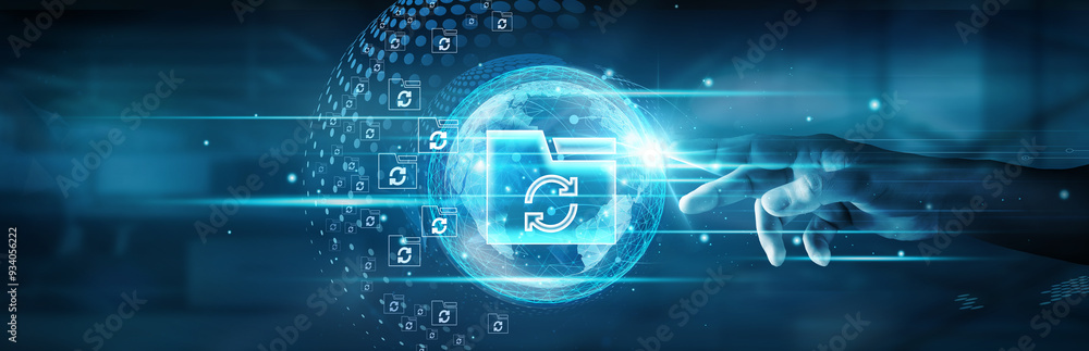 Poster backup. hand touching global network connection and data backup systems ensuring seamless connectivi