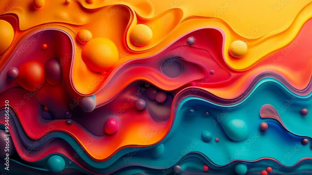 Poster vivid abstract color waves with floating spheres - dynamic fluid motion in vibrant hues for contempo