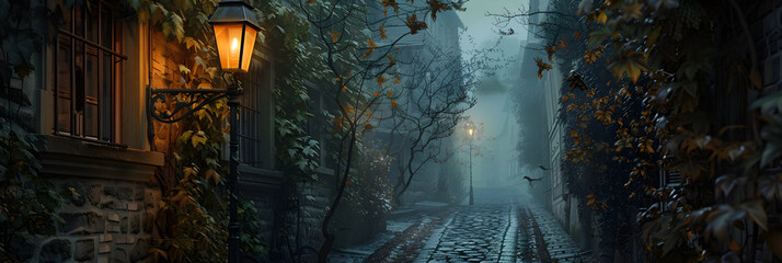 Obraz premium Nostalgic Glow: An Old-fashioned Streetlight Illuminating a Tranquil, Misty Cobblestone Street at Night
