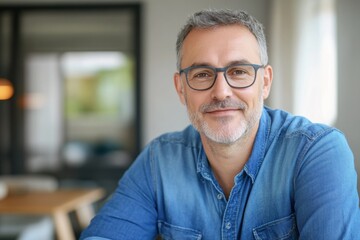 A friendly middle-aged man with glasses and graying beard wearing a denim shirt, smiling in a modern, cozy home setting.