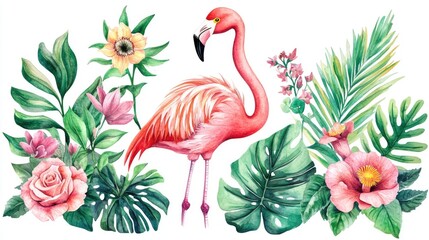 Fototapeta premium Pink flamingo surrounded by vibrant tropical foliage on a white backdrop Artistic floral arrangement Watercolor illustration featuring roses yucca palms leaves passionflower and succulents