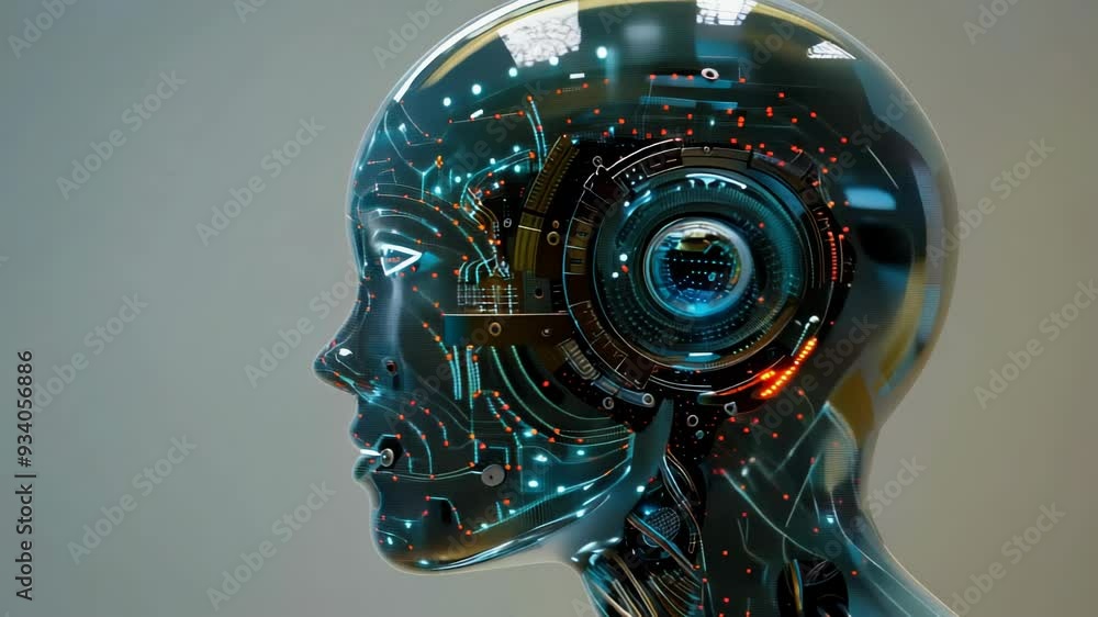 Poster futuristic ai humanoid head with visible circuitry and advanced technology during daytime conceptual
