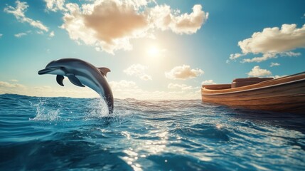 Fototapeta premium Dolphin Leaping Out Of Water With Boat In Background