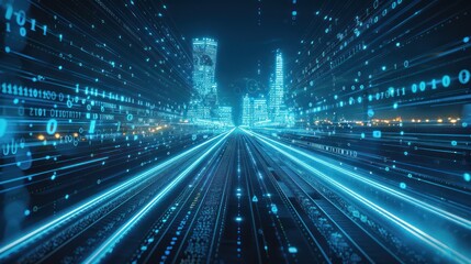 Digital Cityscape with Data Flow