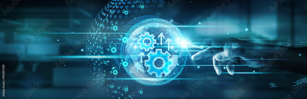 Poster hand touching global network connection and automation driving seamless integration across systems, 