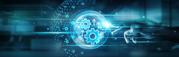 Hand touching global network connection and automation driving seamless integration across systems,...
