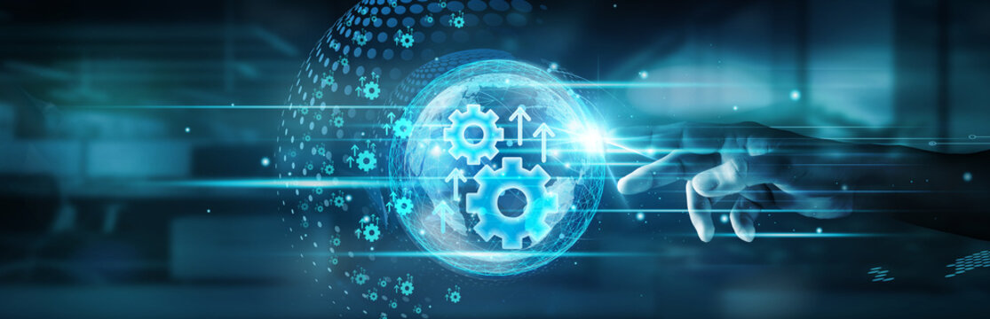 Hand touching global network connection and automation driving seamless integration across systems, processes, and industries, revolutionizing the way we work, connect, and innovate.