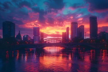 Fototapeta premium Stunning Sunset Over a City Skyline Reflected in Water