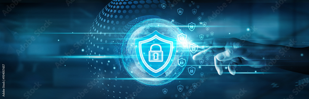 Poster hand touching global network connection and ensuring cybersecurity protocols are in place to protect