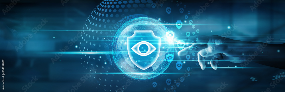 Poster hand touching global network connection and ensuring privacy while maintaining security, protecting 