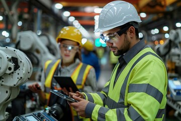 capturing the modern integration of technology and workforce in manufacturing.