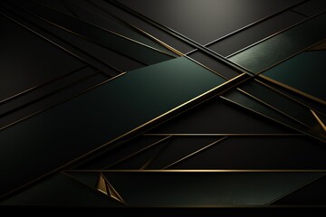 Obraz premium Abstract geometric pattern of green and black shapes with gold outlines.