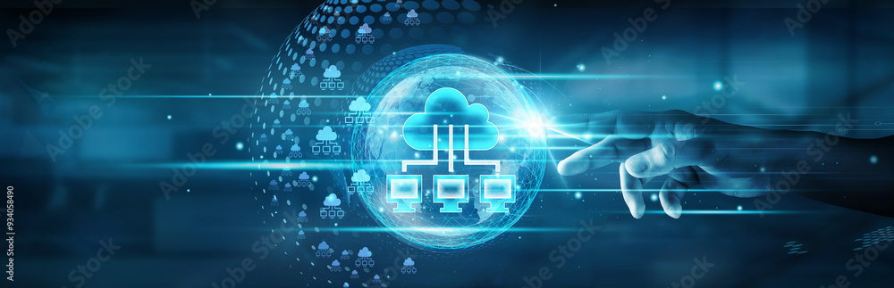 Poster hand touching global network connection and seamlessly accessing cloud computing services, enabling 
