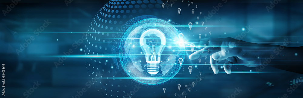 Poster innovation. hand touching global network connection and innovation driving seamless communication ac
